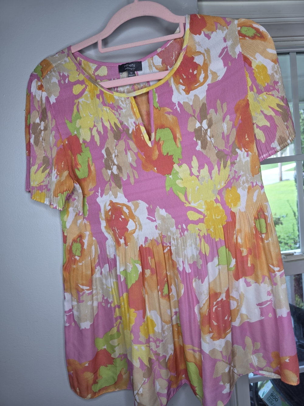 Ninety Pink Floral Short‑Sleeve Blouse with Keyhole